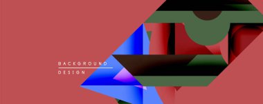 Soyut geometrik bileşim. Üst üste binen şekiller dinamik görsel efekt yaratır. Kırmızı arka plan mavi, yeşil ve siyah elementleri vurgular. Arkaplan ve sunumlar için uygun modern tasarım.