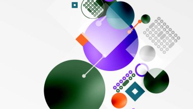 Soyut kompozisyon. Üst üste binen daireler, kareler, çizgiler dinamik görsel deneyimler yaratır. Gradyan renkler tasarıma hakim. Modern estetik.