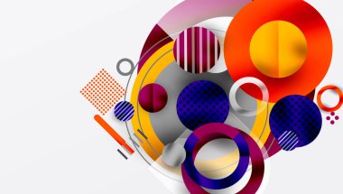 Soyut kompozisyon. Çemberler, çizgiler, kalıplar dinamik görsel deneyimler yaratır. Parlak renkler tasarıma hakim. Modern estetik.