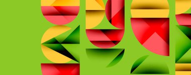 Soyut geometrik şekiller örtüşür ve canlı bir bileşim yaratır. Sarı, kırmızı, yeşil renkler tasarımda baskın. Modern estetik.