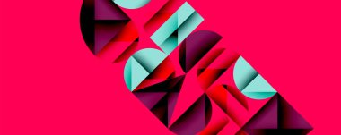 Soyut geometrik şekiller örtüşür, dinamik bileşim yaratır. Canlı pembe arka plan, mavi, kırmızı ve siyah elementlerle çelişiyor. Modern tasarım.