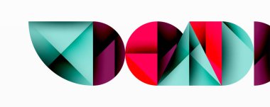 Geometrik şekiller biçimlendirilmiş metni oluşturur. Teal, kırmızı, mor renkler tasarımda baskın. Modern, soyut kompozisyon.