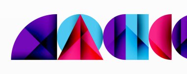 Soyut geometrik şekiller, canlı renkler, üst üste binen üçgenler, yarı daireler. Modern tasarım, temiz çizgiler, dijital çizimler.