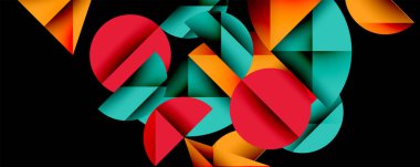 Soyut geometrik şekiller örtüşür ve canlı bir bileşim yaratır. Kırmızı, deniz mavisi, turuncu renkler koyu arkaplana hükmediyor. Modern tasarım.