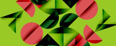 Soyut geometrik şekiller çakışıyor. Kırmızı, siyah, yeşil renkler parlak limon arka planına hakim. Modern tasarım, basit kompozisyon.