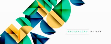 Soyut geometrik şekiller örtüşür, dinamik bileşim yaratır. Sarı, yeşil, mavi renkler beyaz alana hakim. Modern tasarım ögesi.