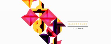 Soyut geometrik şekiller örtüşür, canlı renkli kompozisyon oluşturur. Modern tasarım elementleri dinamik görsel deneyim önerir.