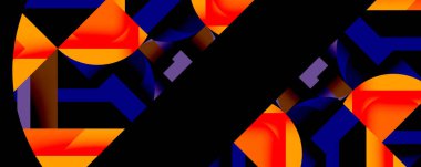 Soyut geometrik şekiller, canlı turuncu, mavi renkler siyah arkaplana hakim. Modern tasarım, dinamik kompozisyon görsel ilgi yaratıyor.