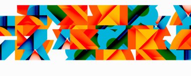 Soyut geometrik şekiller, canlı renkler, modern tasarım. Bileşik üçgenler, dikdörtgenler, üst üste binen formlar. Parlak, dinamik desen.