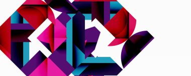 Soyut geometrik şekiller örtüşür, canlı renkli kompozisyon oluşturur. Kalın çizgiler, açılar dinamik görsel deneyimi tanımlar.