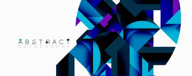 Dinamik geometrik şekiller enerjik soyut arkaplan oluşturur. Mavi, mor renkler kompozisyona hakim. Modern tasarım ögesi.