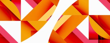 Soyut geometrik şekiller örtüşüyor, canlı turuncu, kırmızı, beyaz bileşim oluşturuyor. Dinamik tasarım enerjiyi ve hareketi çağrıştırır..