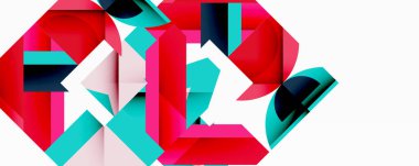 Soyut geometrik bileşim. Canlı kırmızılar, turkuaz renkler, pembe renkler dinamik görsel efektler yaratıyor. Şekiller hareketi, derinliği gösteriyor..