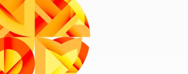 Soyut geometrik tasarım. Parlak turuncu, sarı renkler dinamik dairesel desen oluşturur. Temiz beyaz alan dengesi bileşimi.