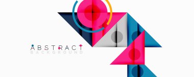 Geometrik şekiller örtüşür, canlı ve soyut bir bileşim yaratır. Pembe, mavi, sarı tonlarda dizayn hakim. Modern estetik.