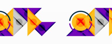 Soyut geometrik desenler tekrarlanıyor. Turuncu, mor, gri şekiller üst üste binerek dinamik görsel ritim yaratıyor. Minimalist tasarım.