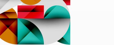 Soyut geometrik şekiller örtüşür, dinamik bileşim yaratır. Sıcak, serin renkler harmanlanmış, modern estetik sunuyor. Minimalist tasarım.