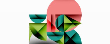 Soyut geometrik bileşim. Şekiller örtüşüyor, canlı renk blokları oluşturuyor. Minimalist tasarım, modern estetik.