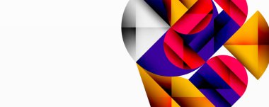 Soyut geometrik şekiller örtüşüyor, canlı renk eğimleri yaratıyor. Kompozisyon sağ tarafa odaklanır, geniş beyaz boşluk bırakır.