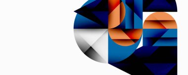 Soyut geometrik bileşim. Mavi, turuncu, siyah şekiller kesişir ve dinamik görsel efekt yaratır. Minimalist tasarım, modern estetik.