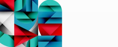 Soyut geometrik şekiller, canlı renkler, modern tasarım. Kompozisyon üçgenler, dikdörtgenler, eğriler, temiz çizgiler, minimalist estetik.