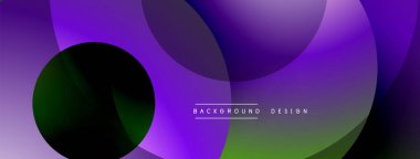Soyut mor, yeşil katmanlar dinamik görsel akış yaratır. Pürüzsüz eğimler, üst üste binen daireler derinlik ve modern tasarım öneriyor..