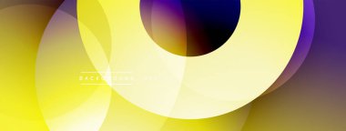 Soyut daireler örtüşüyor, parlak sarı ve mor renkler yaratıyor. Modern tasarım enerji, hareket, görsel cazibe öneriyor.