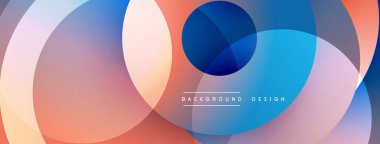 Soyut çemberler çakışıyor, canlı gradyanlar yaratıyor. Mavi, turuncu, mor renkler kusursuz bir şekilde harmanlanır. Arka planlar için modern tasarım ögesi.