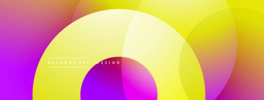 Canlı, soyut bir arkaplan. Üst üste binen daireler, sarı, mor ve pembe renkleri harmanlayarak rengarenk değişimler yaratır. Modern tasarım ögesi.