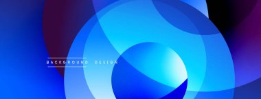 Soyut mavi tasarım, üst üste binen daireler. Gradyan gölgeler derinlik yaratır, modern estetik. Minimalist kompozisyon, canlı renkler.