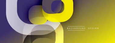 Soyut geometrik şekiller çakışıyor. Sarı, gri, mor renkler modern tasarım yaratır. Gradyan arka plan derinlik ve görsel ilgi ekler.