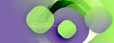 Soyut tasarım özellikleri üst üste binen daireler, gradyanlar. Mor, yeşil renkler modern görsel efektler yaratır. Yumuşak geçişler dinamik bileşim sunar.