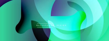 Soyut sıvı şekilleri örtüşür, canlı deniz mavisi, yeşil ve mor renkler yaratır. Arkaplan ve afişler için modern tasarım ögesi.