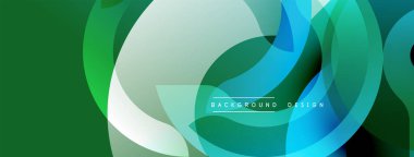 Soyut tasarım özellikleri üst üste binen daireler, gradyanlar. Yeşil, mavi, beyaz renkler modern görsel efektler yaratır. Minimalist stil.