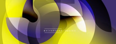 Soyut geometrik şekiller örtüşüyor, canlı renk eğimleri yaratıyor. Sarılar, morlar, maviler kusursuz bir şekilde harmanlanır. Modern tasarım ögesi.
