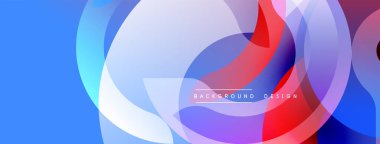 Soyut daireler örtüşüyor, parlak mavi, kırmızı, mor renkler yaratıyor. Arkaplan ve sunumlar için modern tasarım ögesi.