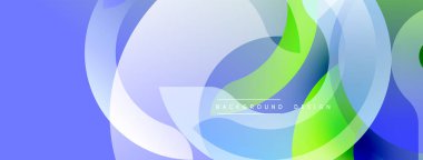 Soyut tasarım özellikleri üst üste binen şeffaf daireler. Mavi, yeşil renkler modern görsel efektler yaratır. Minimalist tarz, pürüzsüz gradyanlar mevcut.