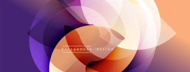 Soyut geometrik şekiller örtüşüyor, canlı renk eğimleri yaratıyor. Mor, turuncu, sarı renkler kompozisyona hakim. Modern tasarım ögesi.