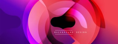Soyut, enerjik daireler çakışıyor ve dinamik bir değişim etkisi yaratıyor. Mor, pembe, kırmızı renkler kompozisyona hakim. Modern tasarım ögesi.