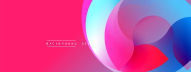 Soyut enerjik tasarım. Üst üste binen daireler dinamik değişim etkisi yaratır. Pembe egemen, mavi aksanlar mevcut. Modern, temiz estetik.