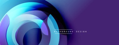 Soyut katmanlar dairesel şekiller oluşturur. Mavi, mor renkler dizaynın hakimi. Minimum metin arka plan tasarımı okur. Yumuşak gradyanlar modern estetik sunar.