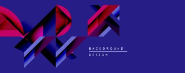 Soyut geometrik şekiller örtüşür, dinamik bileşim yaratır. Canlı morumsu, koyu mavi renkler dizaynda baskın. Modern estetik, uygun arkaplan ögesi.