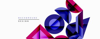 Soyut geometrik bileşim. Üst üste binen şekiller dinamik görsel efekt yaratır. Mor, mavi renkler modern estetik sunarak tasarıma hükmediyor. Minimalist stil.