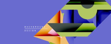 Soyut geometrik bileşim. Üst üste binen şekiller dinamik görsel efekt yaratır. Mor arkaplan canlı renk paletini, modern tasarım elementlerini vurguluyor.