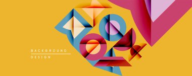 Soyut geometrik bileşim. Üst üste binen şekiller dinamik görsel efekt yaratır. Parlak renkler sarı arkaplan ile tezat oluşturur. Modern tasarım ögesi.