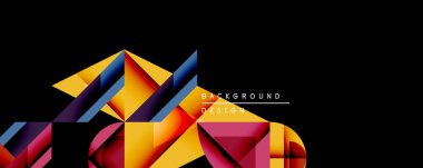Soyut geometrik şekiller örtüşüyor, canlı renk eğimleri yaratıyor. Tasarım sarı, turuncu, mor, mavi renkler siyah arka plana karşıdır. Modern estetik.