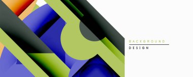 Soyut geometrik bileşim. Üst üste binen şekiller dinamik görsel efekt yaratır. Parlak renkler, gradyanlar, modern tasarım elementleri mevcut. Minimalist tarz, temiz estetik..