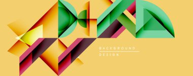 Soyut geometrik bileşim. Canlı üçgenler, üst üste binen şekiller dinamik görsel efektler yaratır. Sıcak sarı arkaplan rengarenk tasarım elementlerini arttırır. Modern biçim.