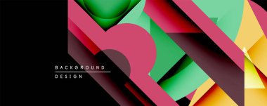 Soyut geometrik şekiller örtüşür, canlı katmanlar yaratır. Pembe, yeşil, sarı renkler siyah zemine karşı dizaynın baskın renkleri. Modern, dinamik kompozisyon.