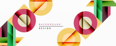 Soyut geometrik tasarım, üst üste binen daireler, kareler, dikdörtgenler. Renkler arasında pembe, sarı, yeşil var. Modern estetik, temiz hatlar, minimalist stil. Arkaplan ögeleri dinamik bileşim oluşturur.